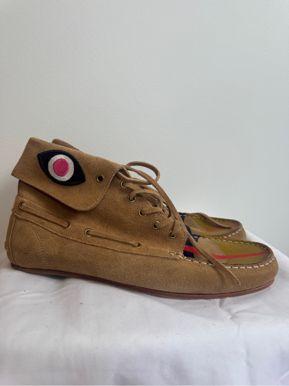Jerome Dreyfuss Paris Suede Moccasin Ankle Boots Embroidered Eye Tan